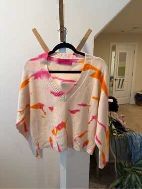 The Elder Statesman Cream V-Neck Sweater with Pink & Orange Tie-Dye